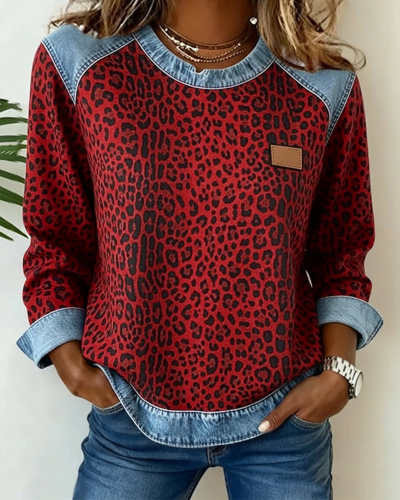 Women's Leopard Print Denim Patchwork Sweatshirt