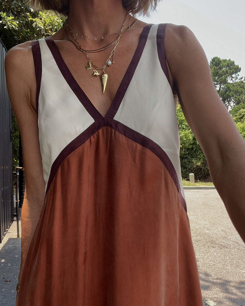 Women's Chic V-Neck Dress with Contrasting Color Detailing