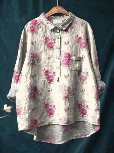 Women's Abstract Floral Long Sleeve Button-Front Blouse