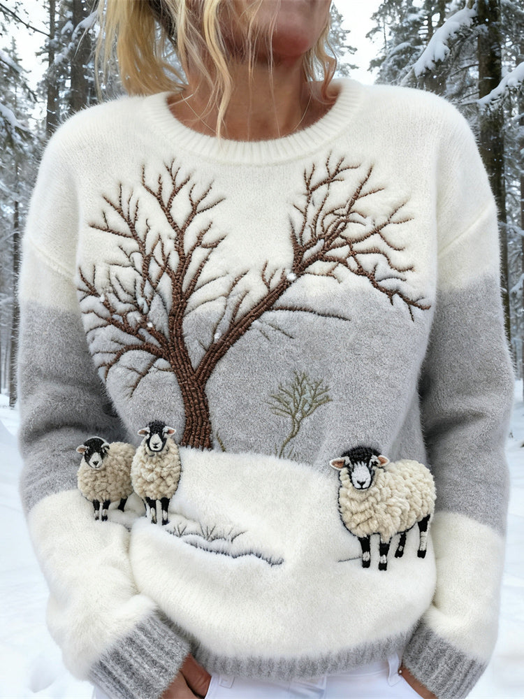 Women's Cozy Winter Sweater with 3D Sheep Forest Appliqué