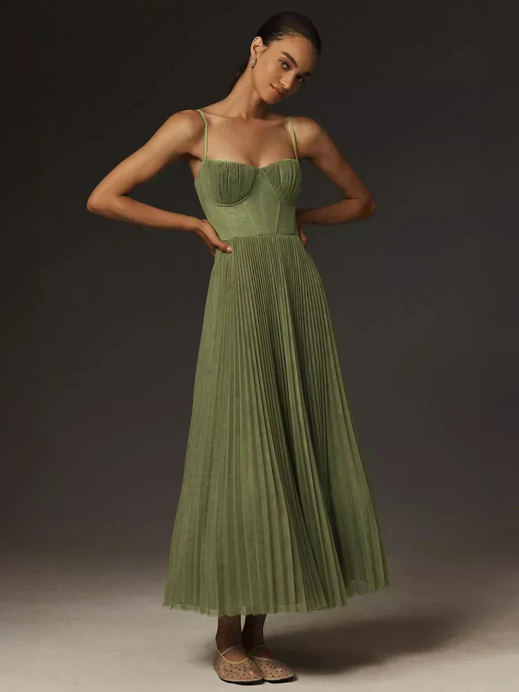 Pleated Bustier Spaghetti Strap Midi Dress