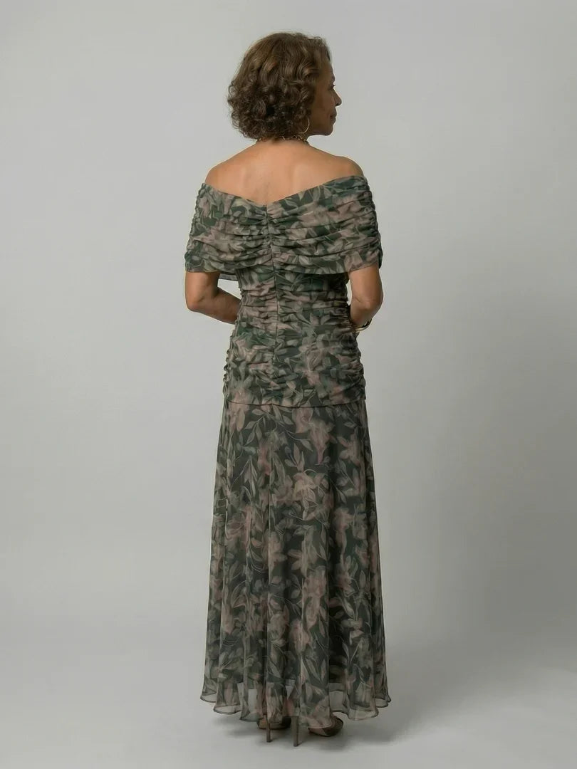 Women's Floral Mesh Maxi Dress with Ruched Bodice