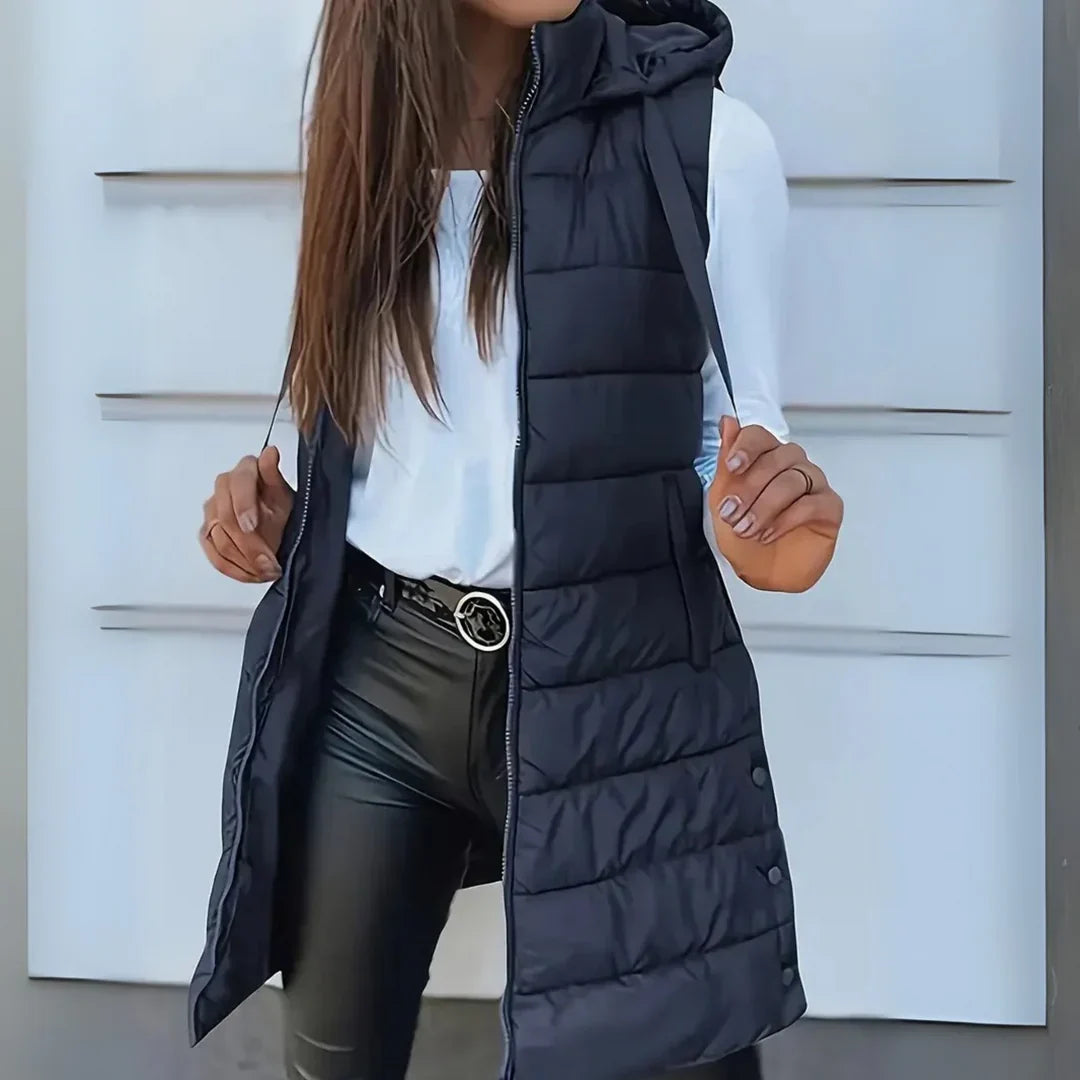 Women's Long Hooded Quilted Sleeveless Puffer Vest