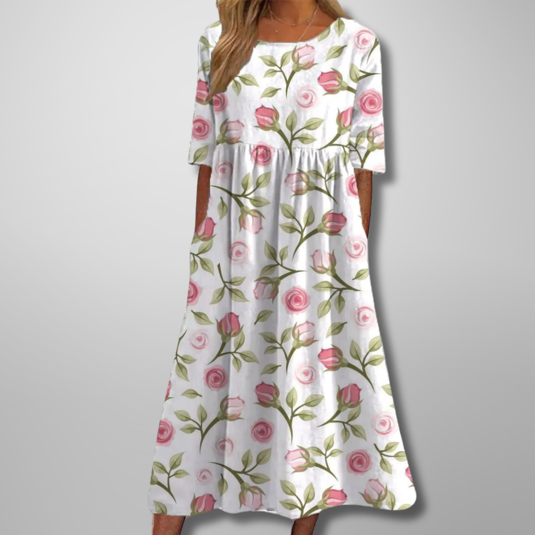 Women's Botanical Print Round Neck Loose Midi Dress