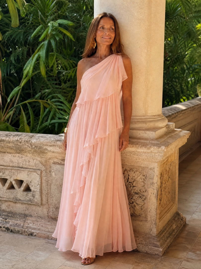 Women’s One Shoulder Maxi Dress with Layered Ruffle Skirt