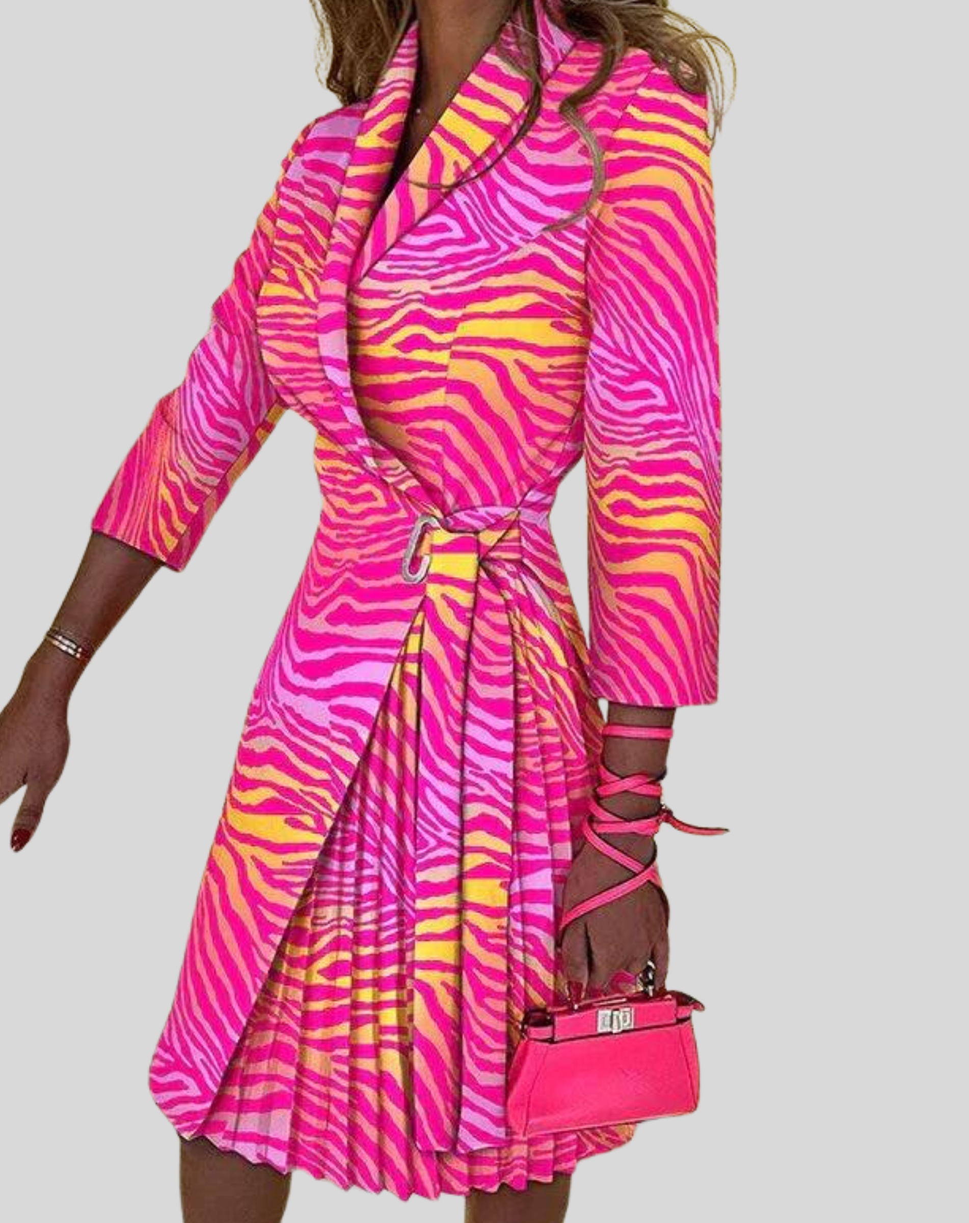 Women's Pleated Wrap Midi Dress with Tie Waist