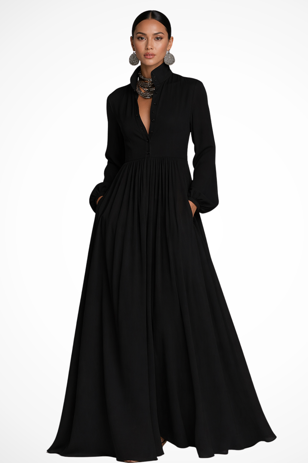 Women's Long Sleeve Button Maxi Dress with Pockets