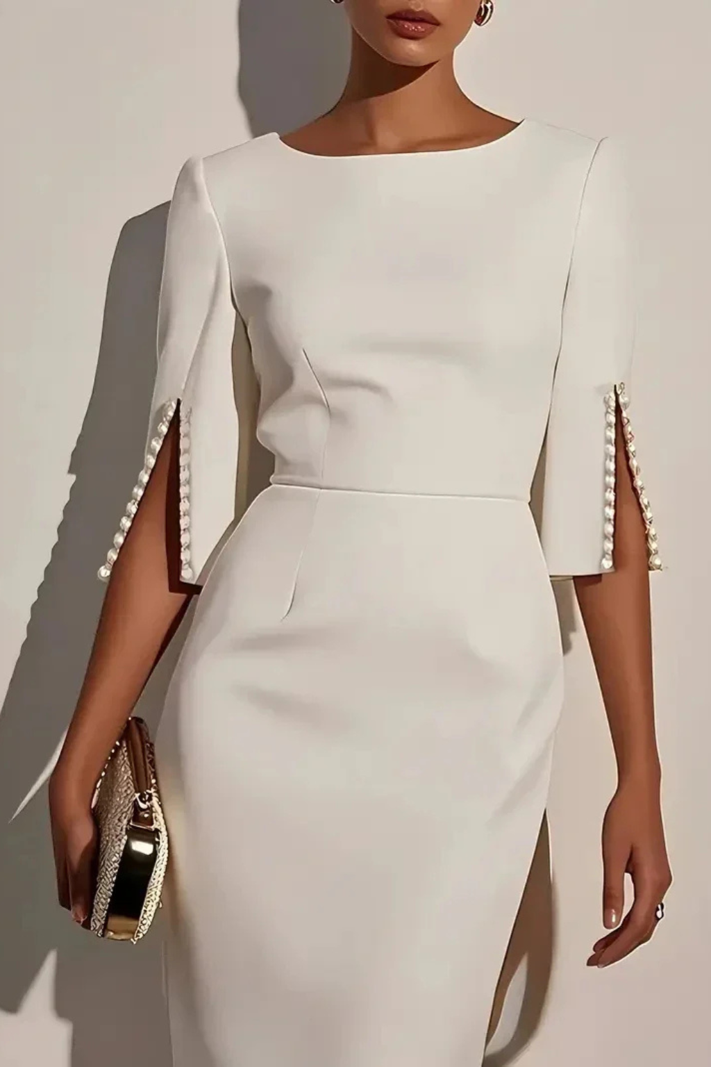 Women’s Elegant Pearl Sleeve Midi Bodycon Dress