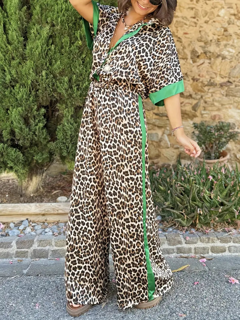 Women's Leopard Print Shirt and Wide Leg Pants Set