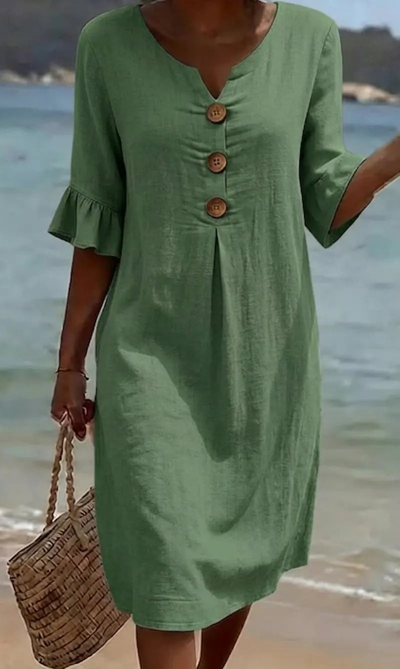 Women's V-Neck Button Ruffle Cuff Midi Dress