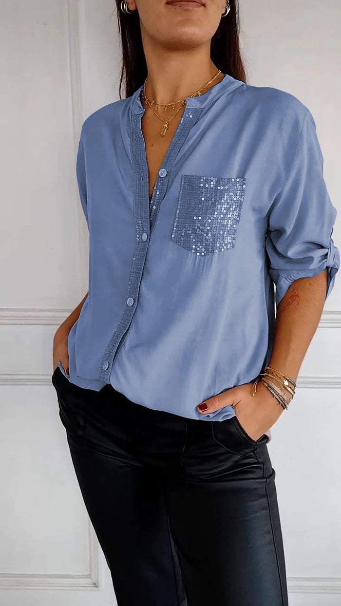 Women's Sequin Pocket Button-Up Blouse