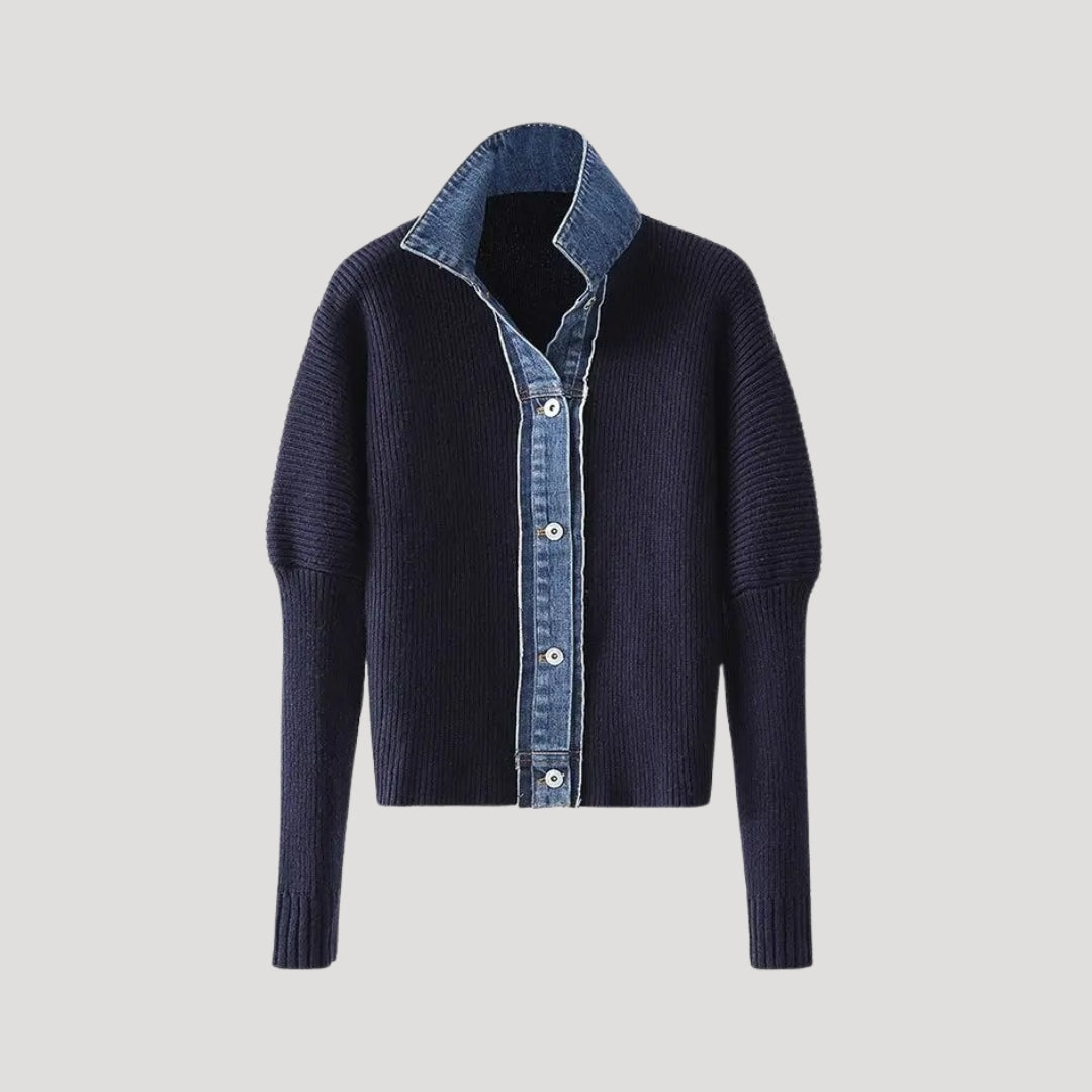 Stylish women's cardigan in navy with trendy denim finish