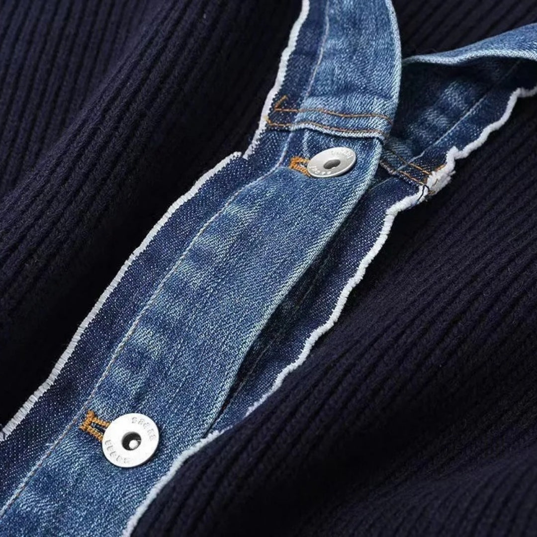Stylish women's cardigan in navy with trendy denim finish