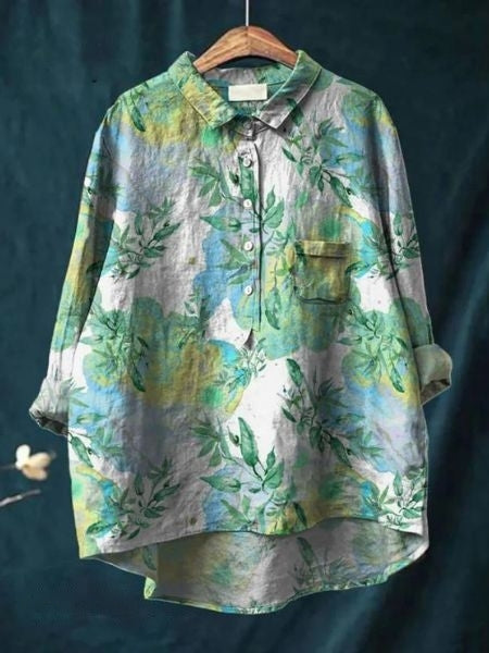 Long Sleeve Floral Print Button Front Blouse for Women