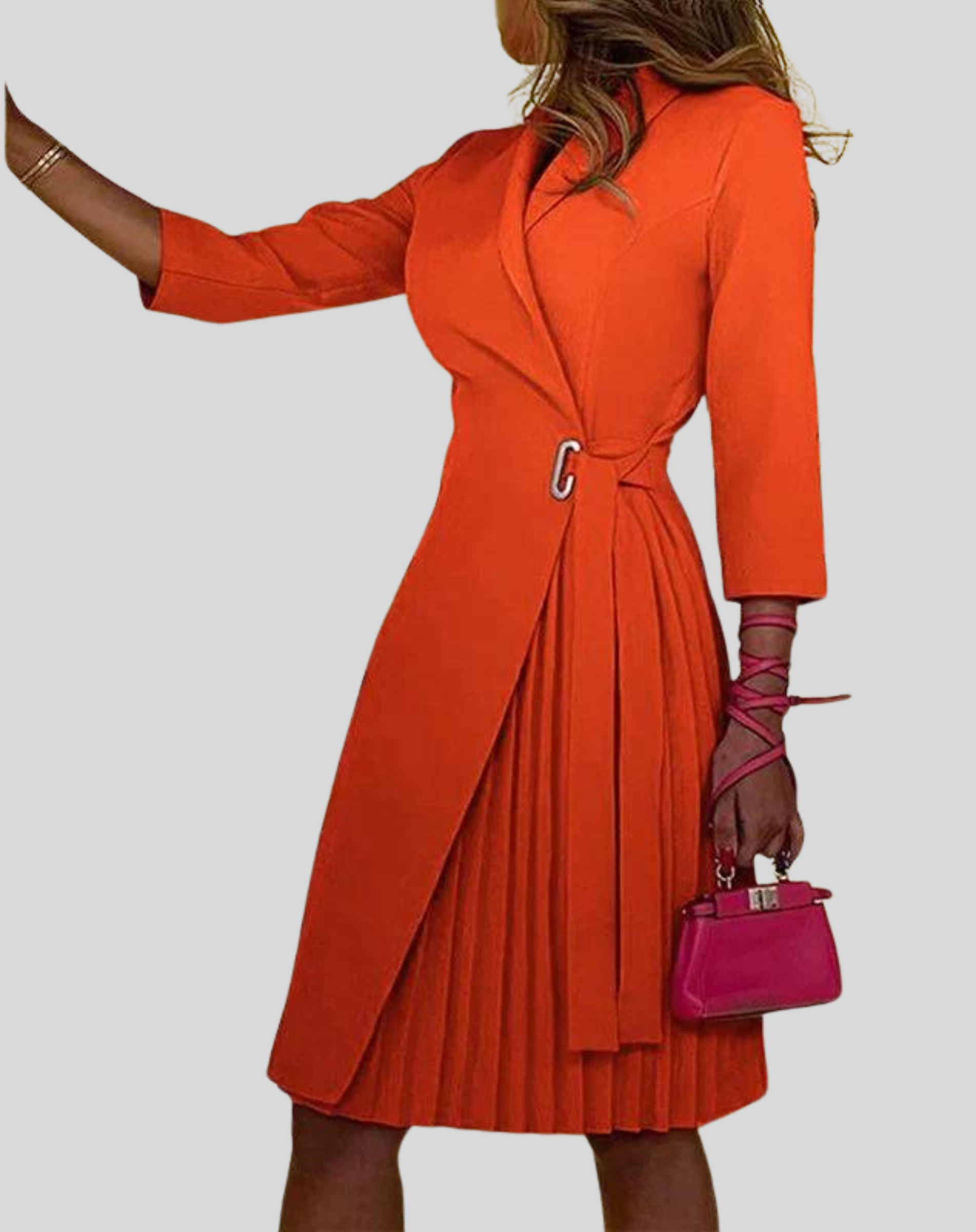 Women's Pleated Wrap Midi Dress with Tie Waist