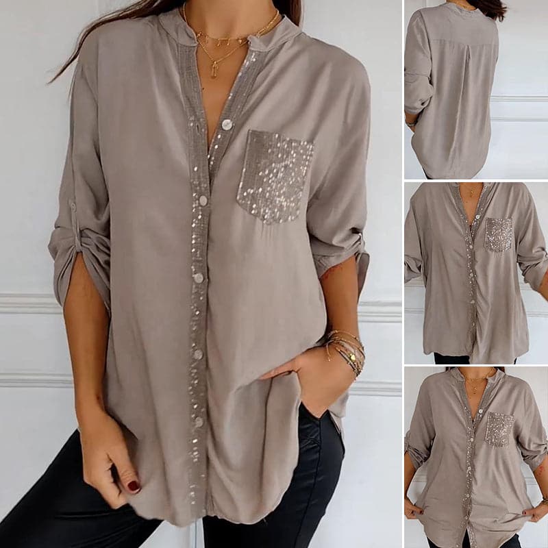 Women's Sequin Pocket Button-Up Blouse