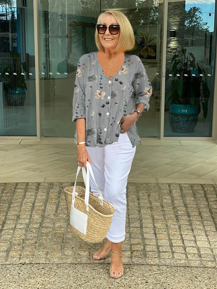 Women's Floral V-Neck Blouse with Three-Quarter Sleeves