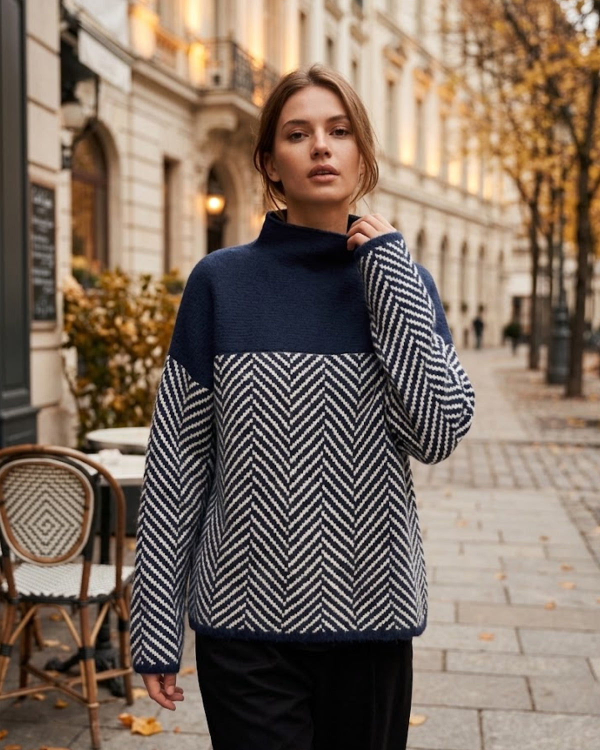 Women’s Herringbone Pattern Color Block Knit Sweater
