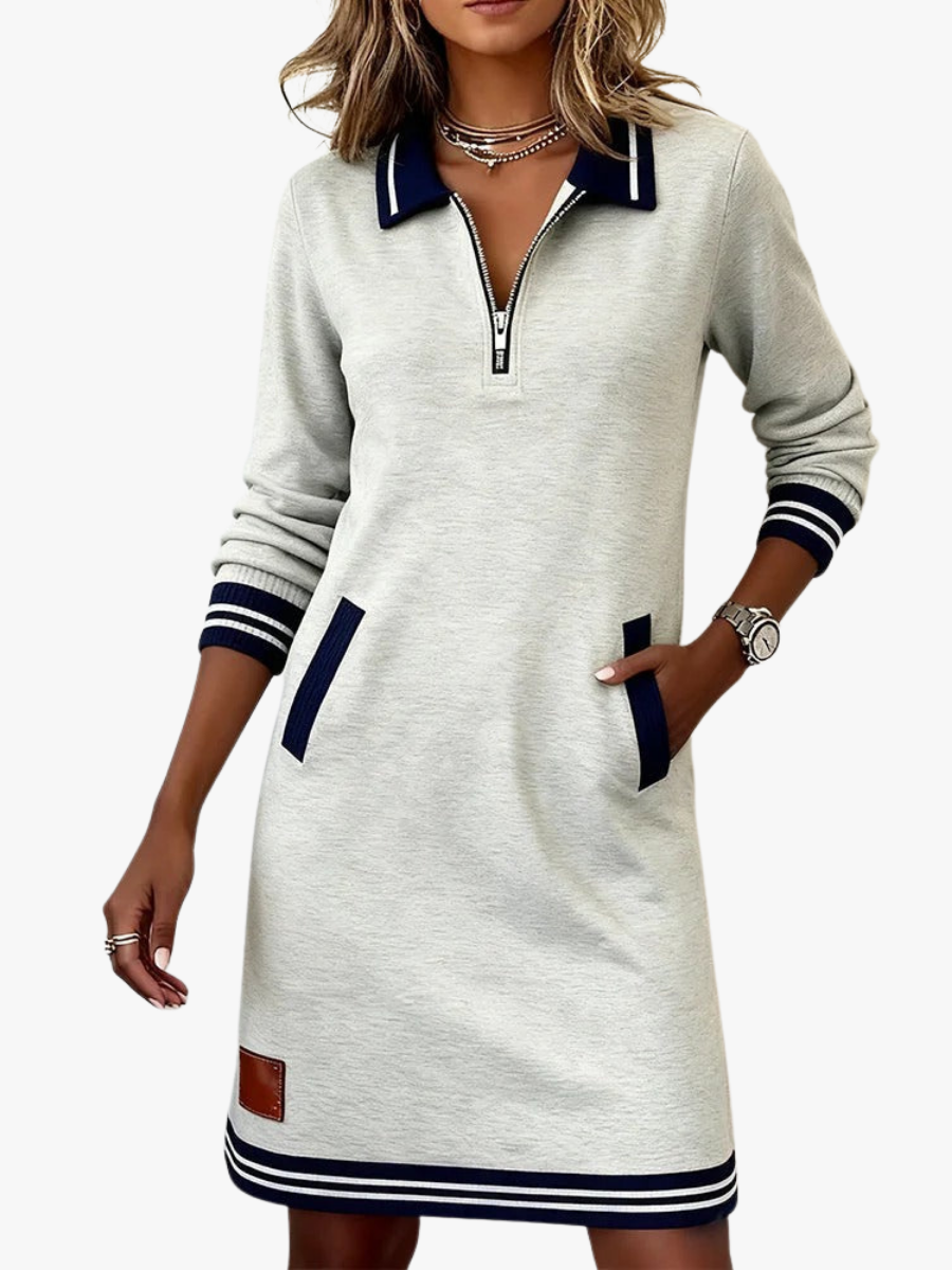 Women's Quarter-Zip Polo Mini Dress with Striped Trim