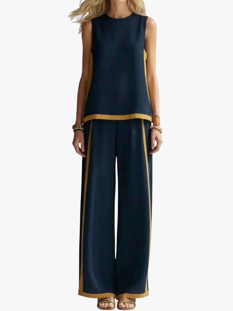 Women's Gold Trim Sleeveless Co-Ord Set with Wide-Leg Trousers
