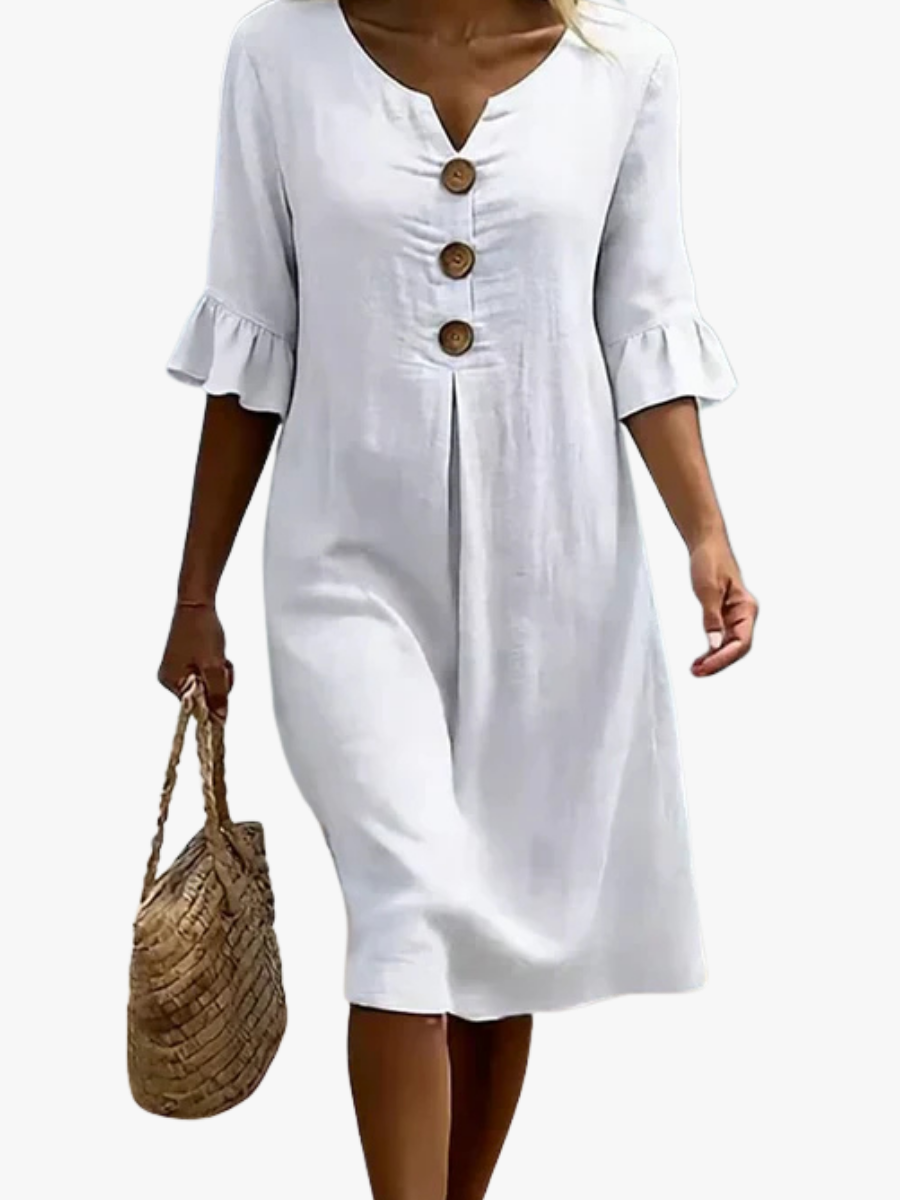 Women's V-Neck Button Ruffle Cuff Midi Dress