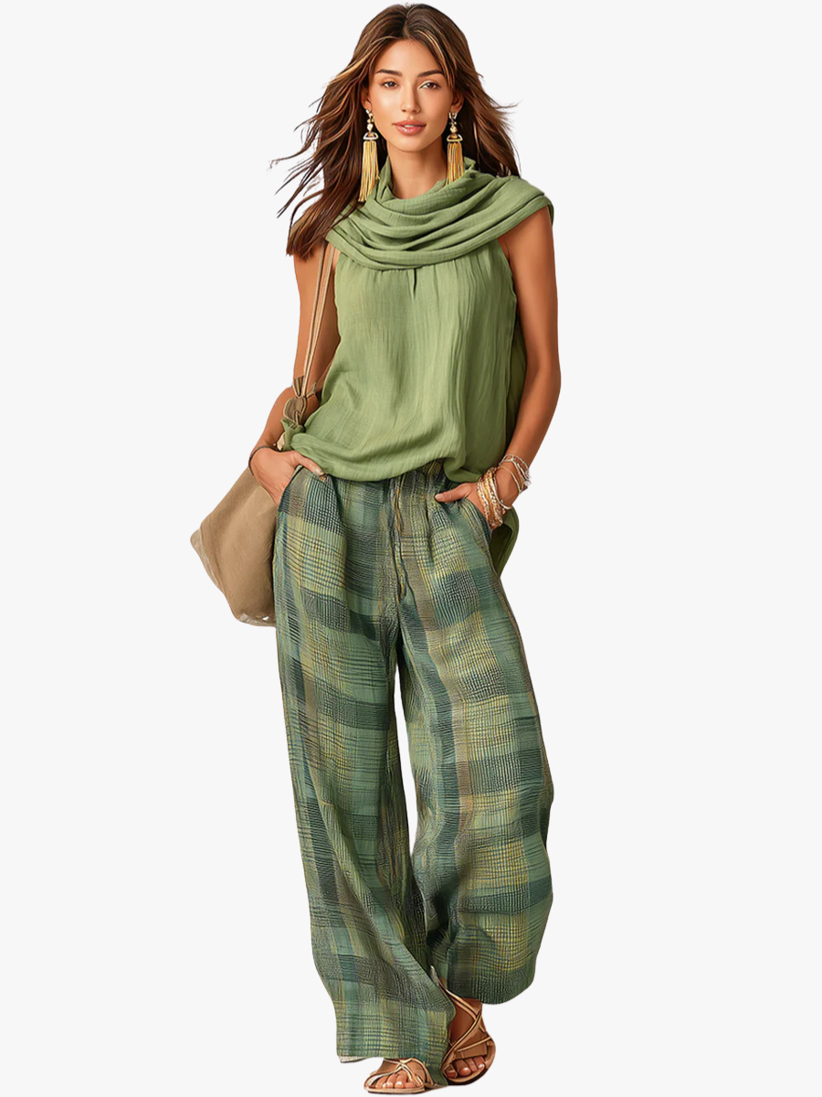 Women's Cowl Neck Sleeveless Top & Plaid Trouser Co-Ord Set