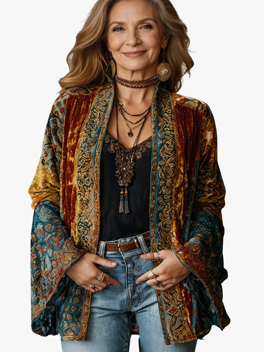 Women's Velvet Boho Paisley Kimono Cardigan