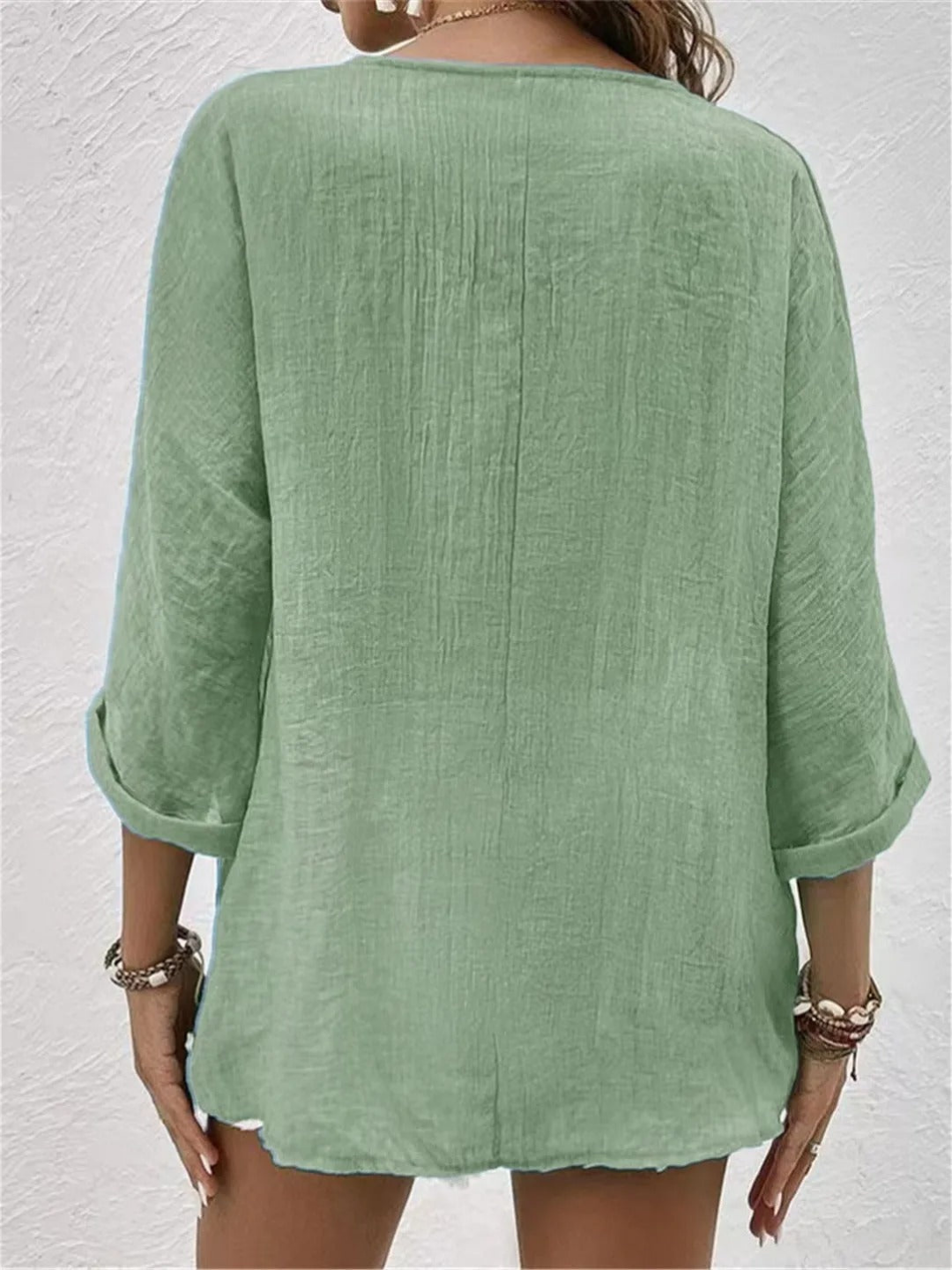 Women's V-Neck Button-Front Top with 3/4 Sleeves and Relaxed Fit