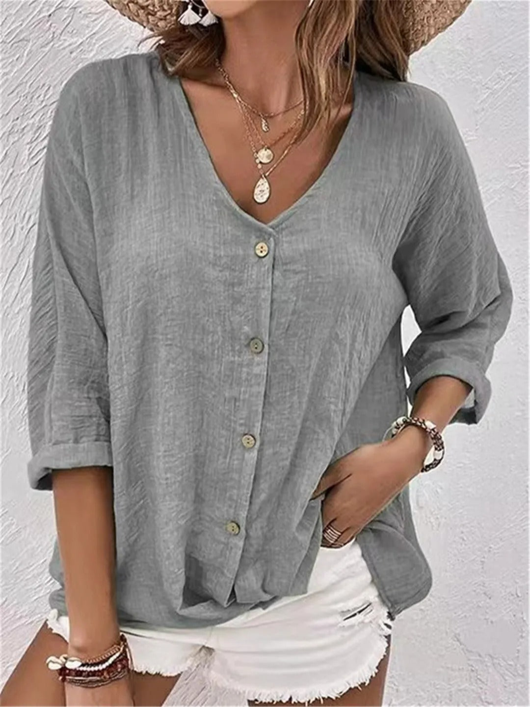Women's V-Neck Button-Front Top with 3/4 Sleeves and Relaxed Fit