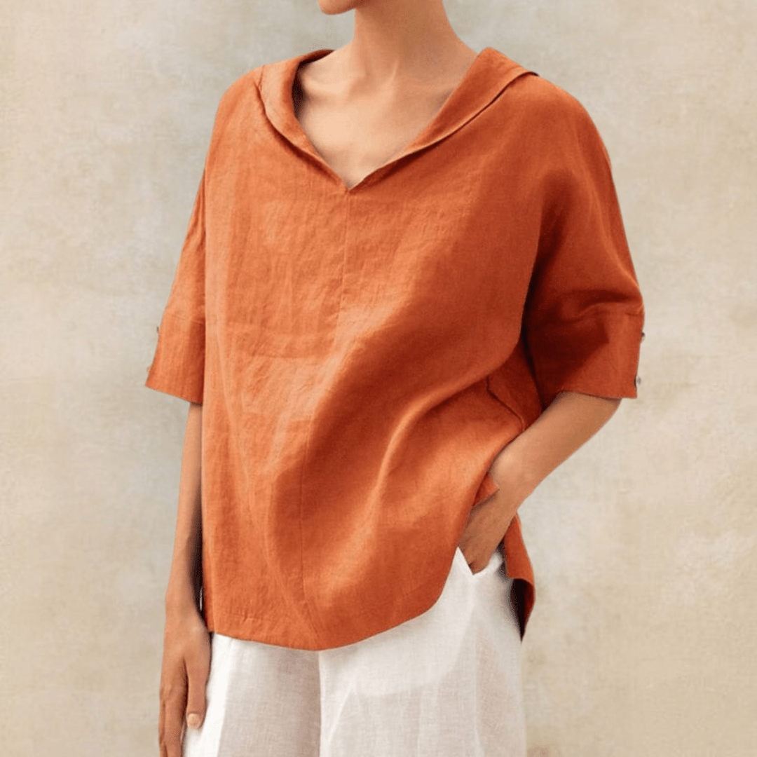 Women's Relaxed V-Neck Blouse with Rolled Sleeves