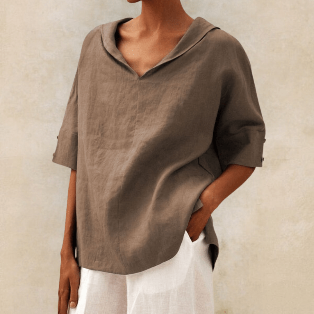 Women's Relaxed V-Neck Blouse with Rolled Sleeves