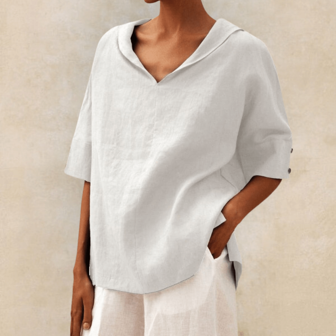 Women's Relaxed V-Neck Blouse with Rolled Sleeves