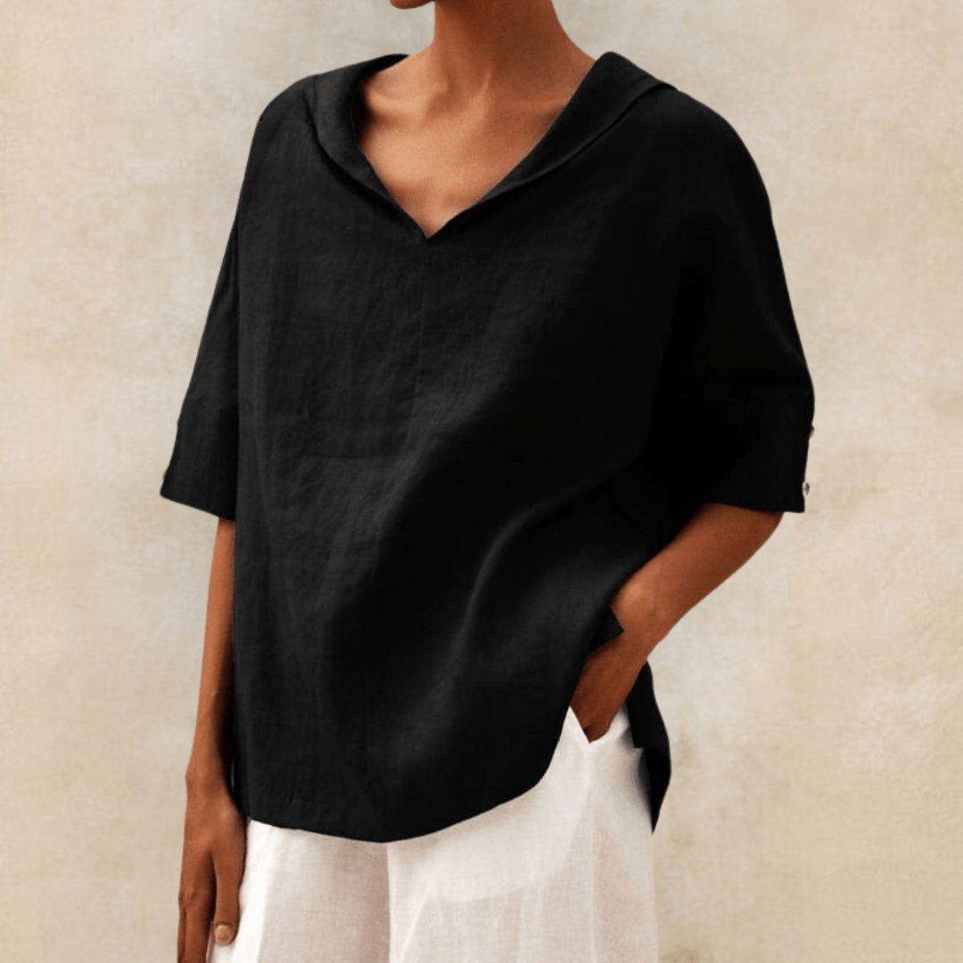 Women's Relaxed V-Neck Blouse with Rolled Sleeves