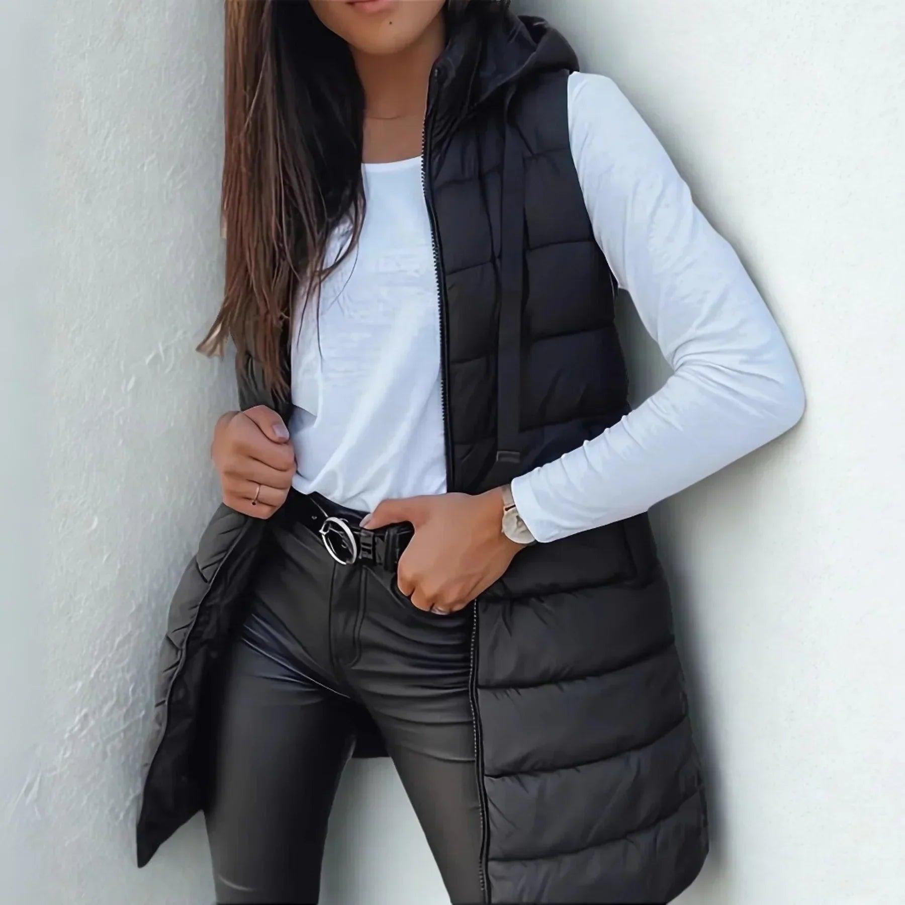 Women's Long Hooded Quilted Sleeveless Puffer Vest