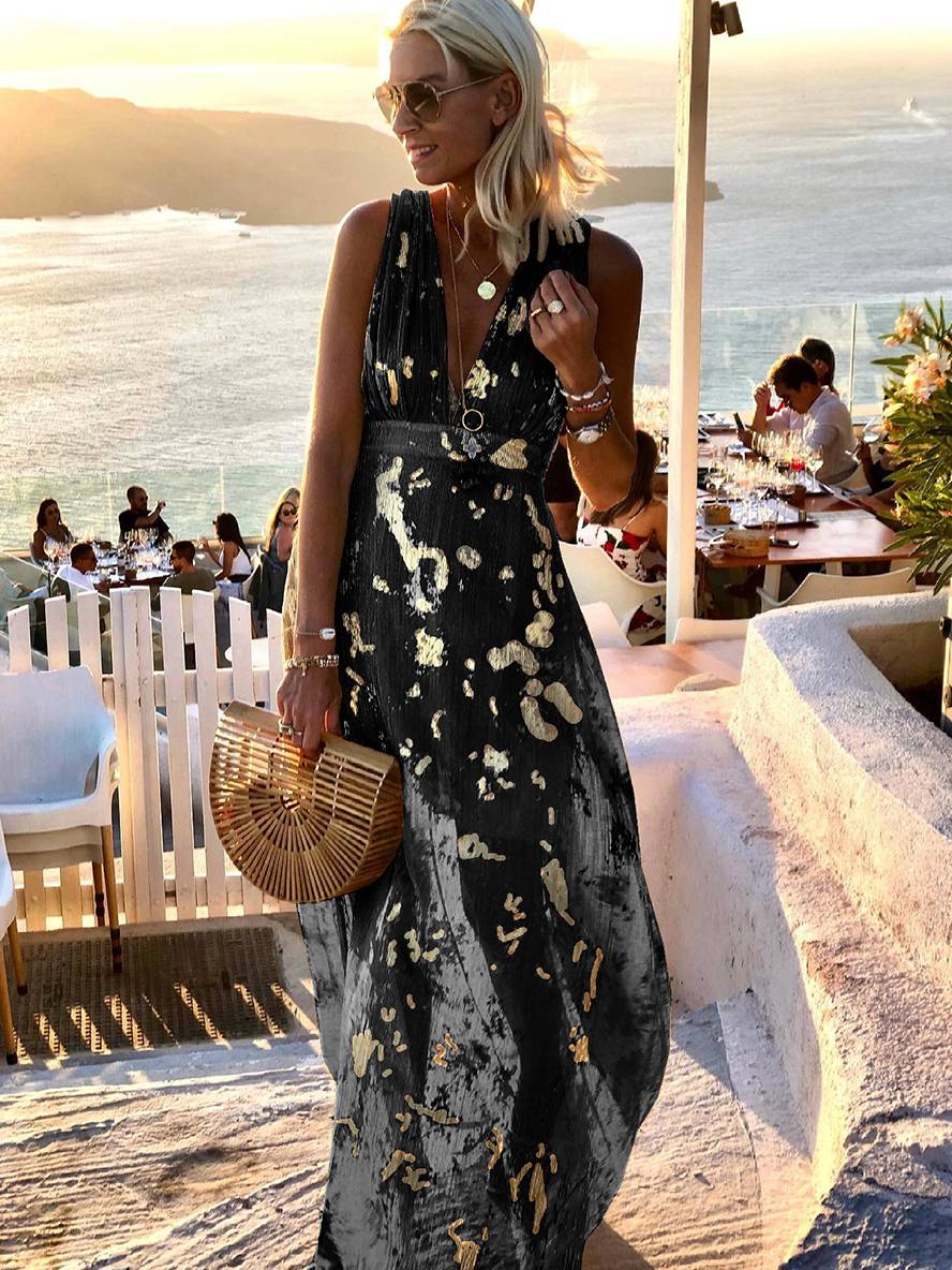 Women's Sleeveless Bronze Sequin V-Neck Evening Maxi Dress