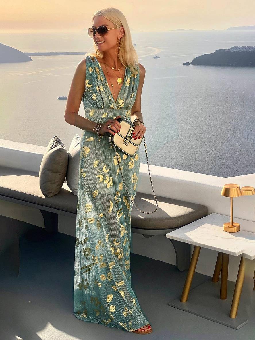 Women's Sleeveless Bronze Sequin V-Neck Evening Maxi Dress