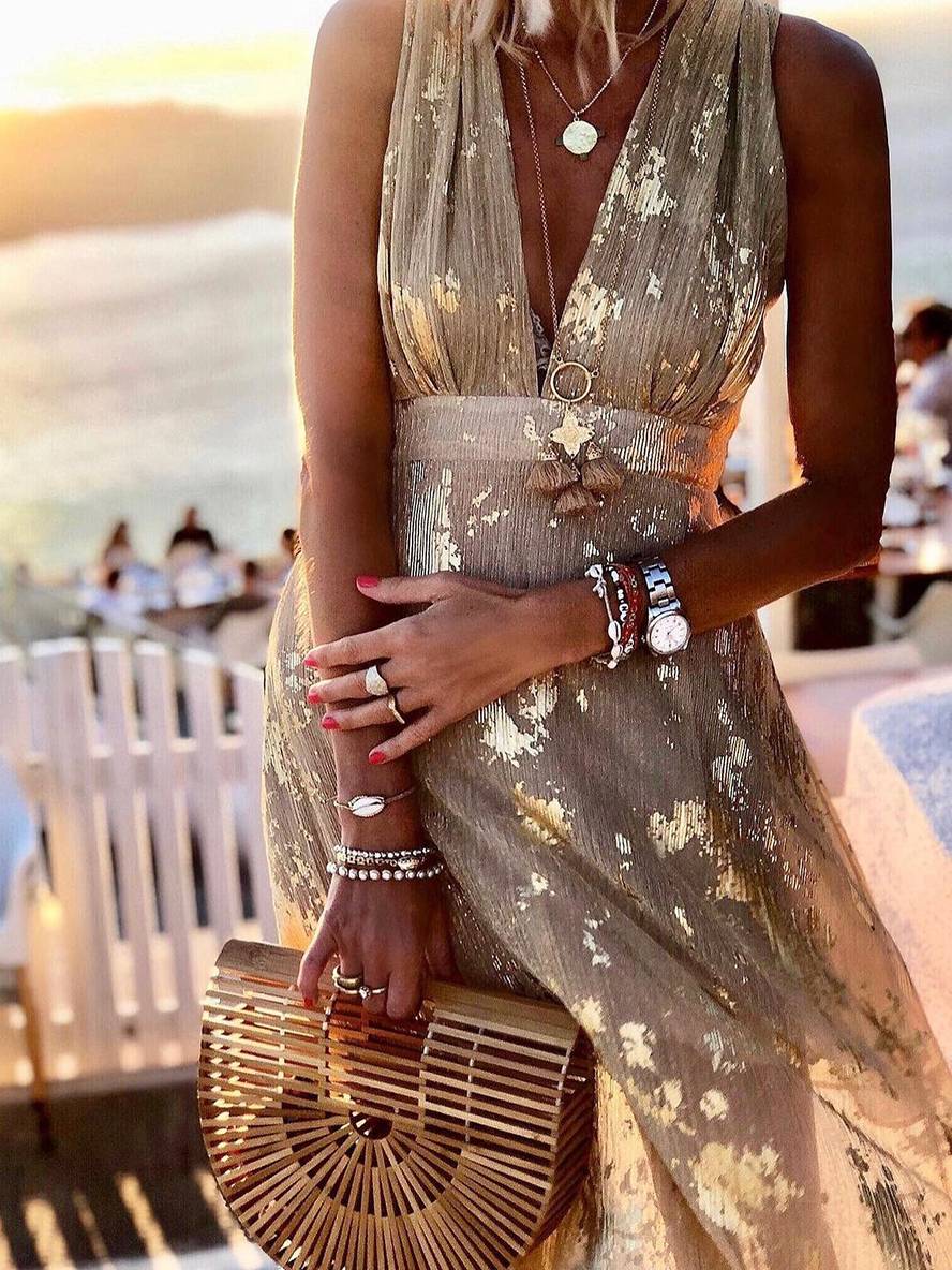 Women's Sleeveless Bronze Sequin V-Neck Evening Maxi Dress