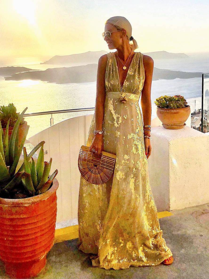 Women's Sleeveless Bronze Sequin V-Neck Evening Maxi Dress