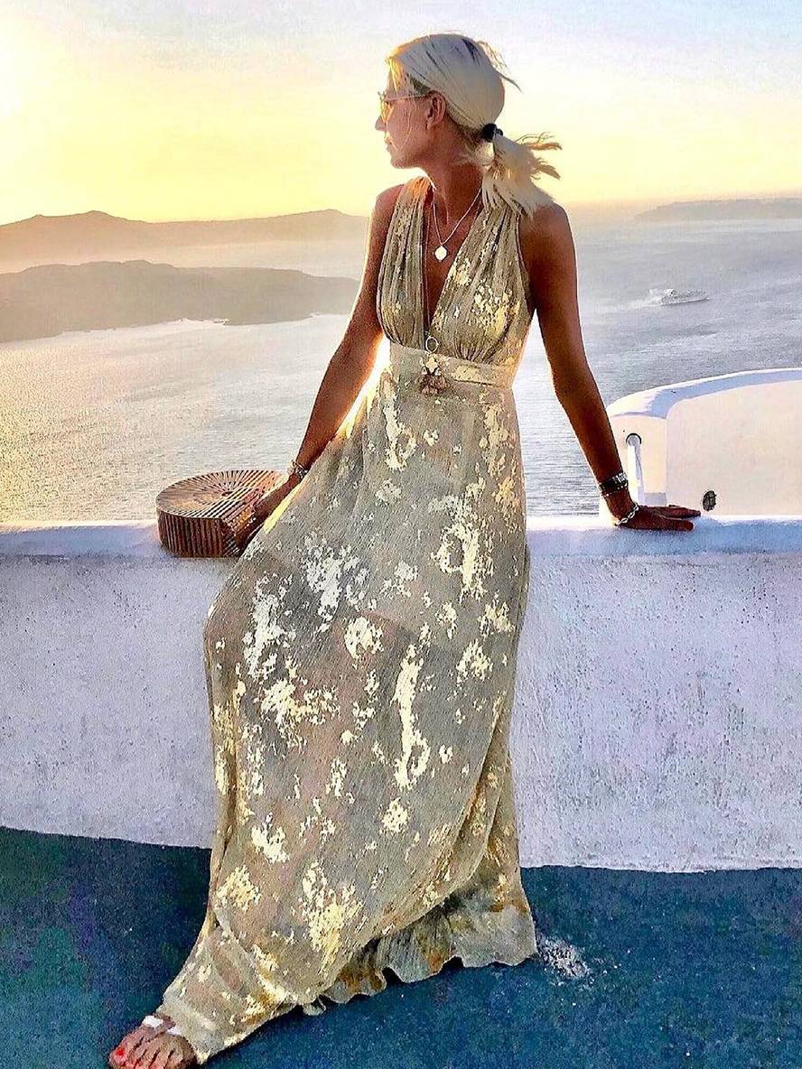 Women's Sleeveless Bronze Sequin V-Neck Evening Maxi Dress