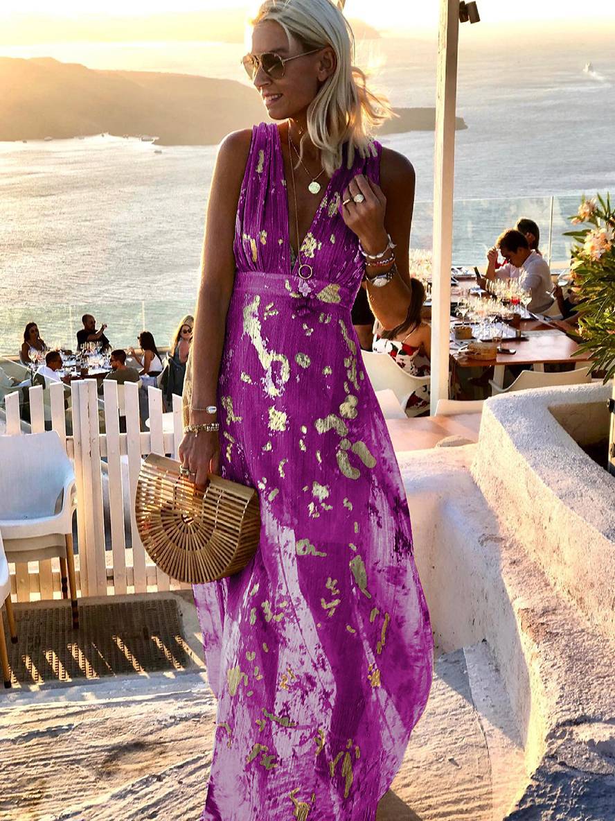 Women's Sleeveless Bronze Sequin V-Neck Evening Maxi Dress
