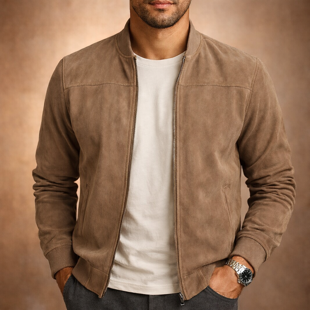 Men’s Suede-Style Casual Zip-Up Bomber Jacket
