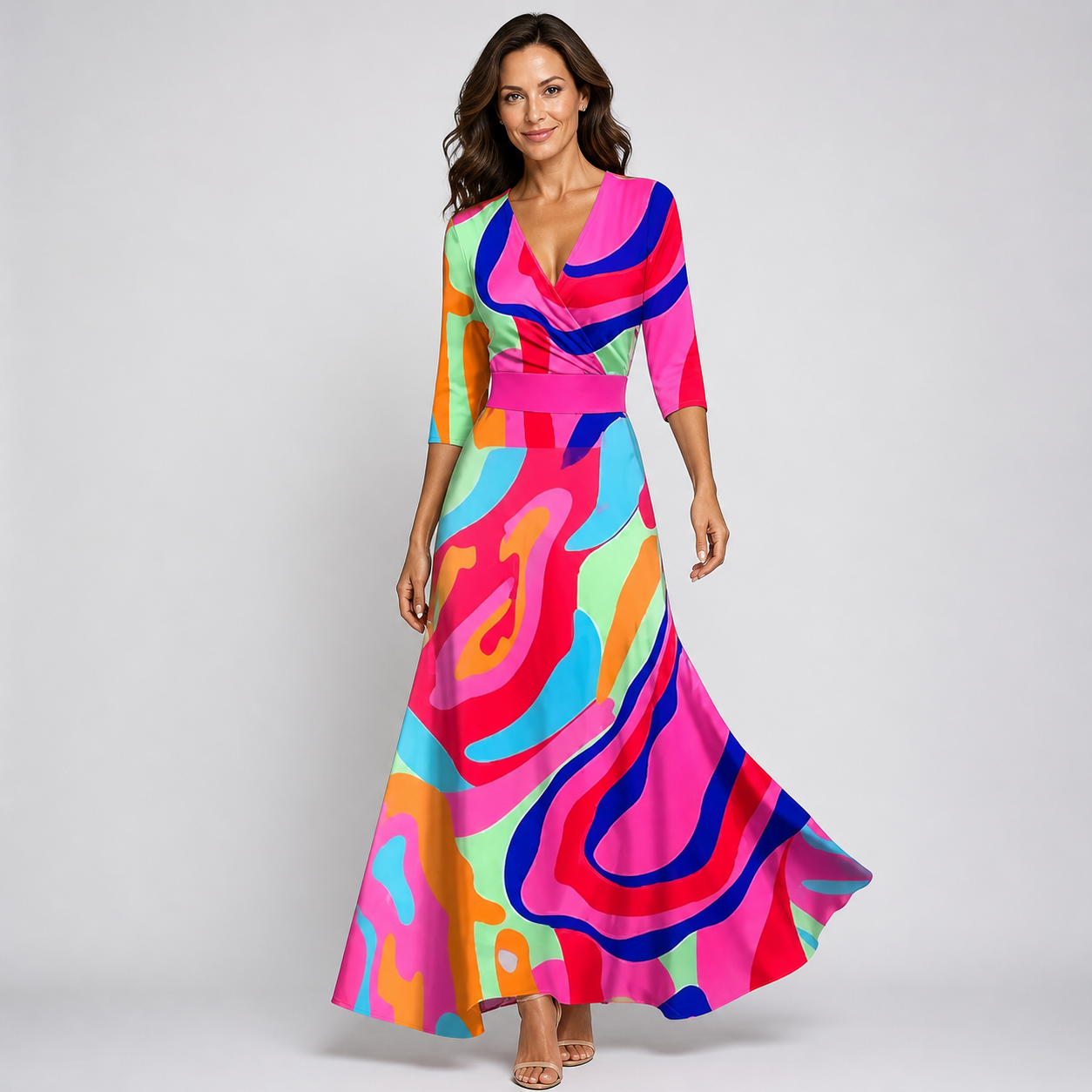 Women’s Elegant Floral Wrap Maxi Dress with 3/4 Sleeves