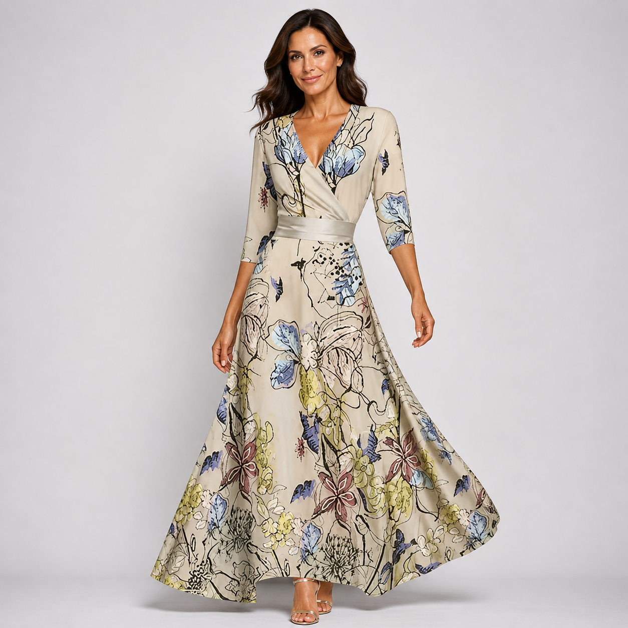 Women’s Elegant Floral Wrap Maxi Dress with 3/4 Sleeves