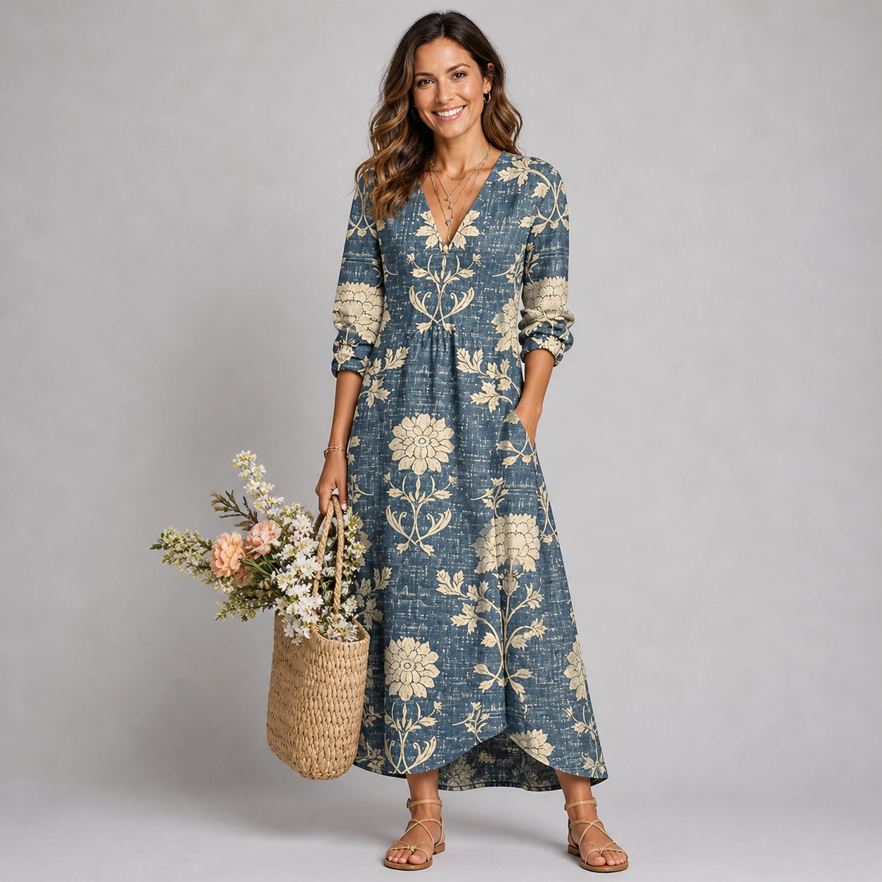 Women's Vintage Floral Print V-Neck Maxi Dress with Pockets