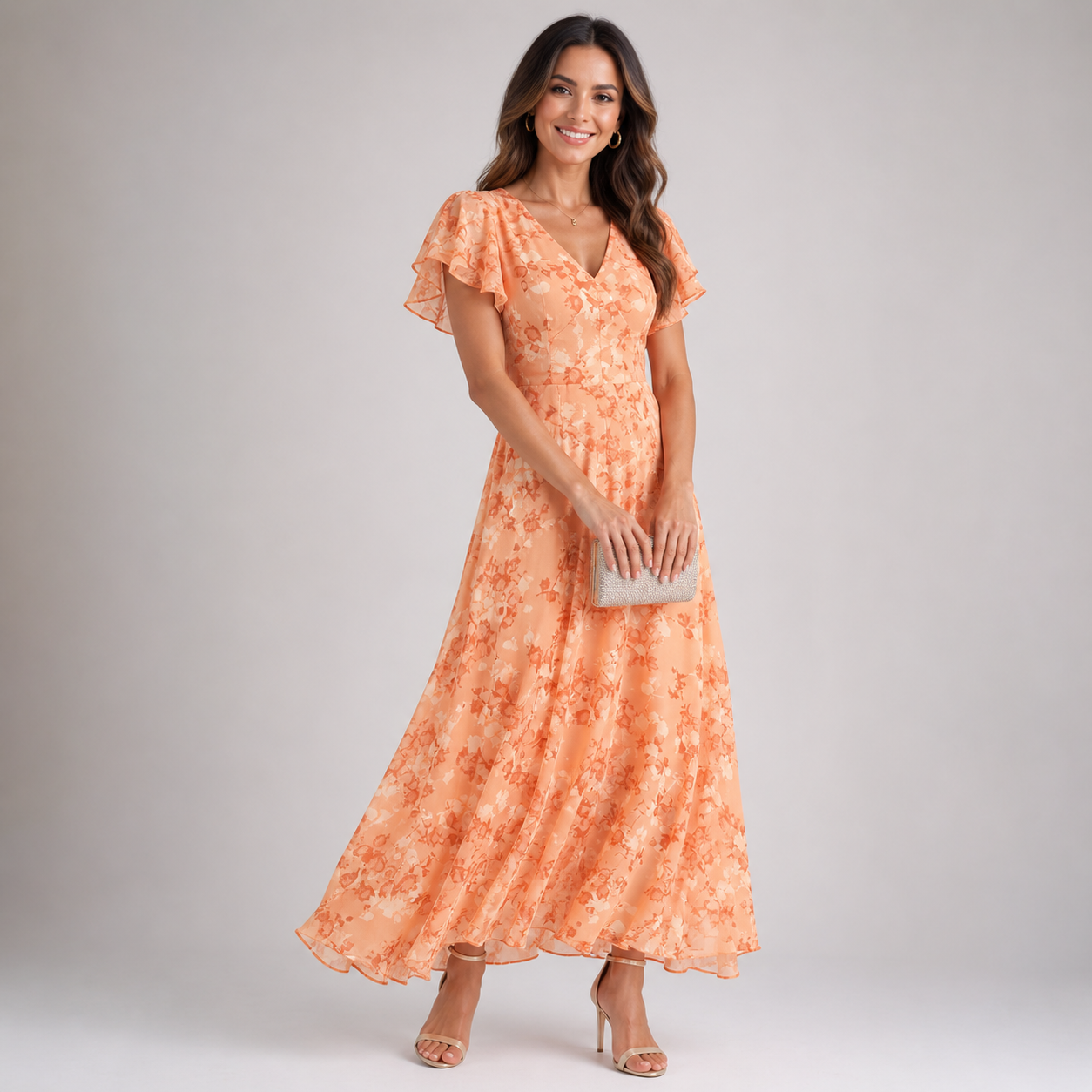 Women’s Floral Ruffle Sleeve Maxi Dress with V-Neck