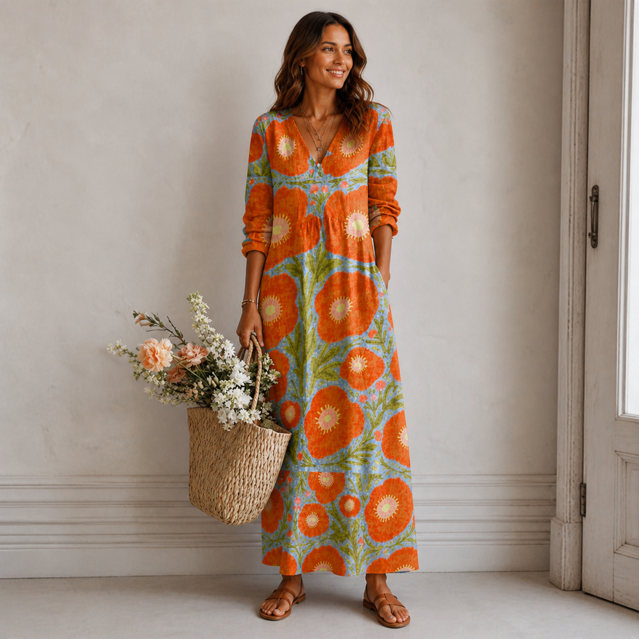 Women’s Bohemian Floral Maxi Dress with Long Sleeves