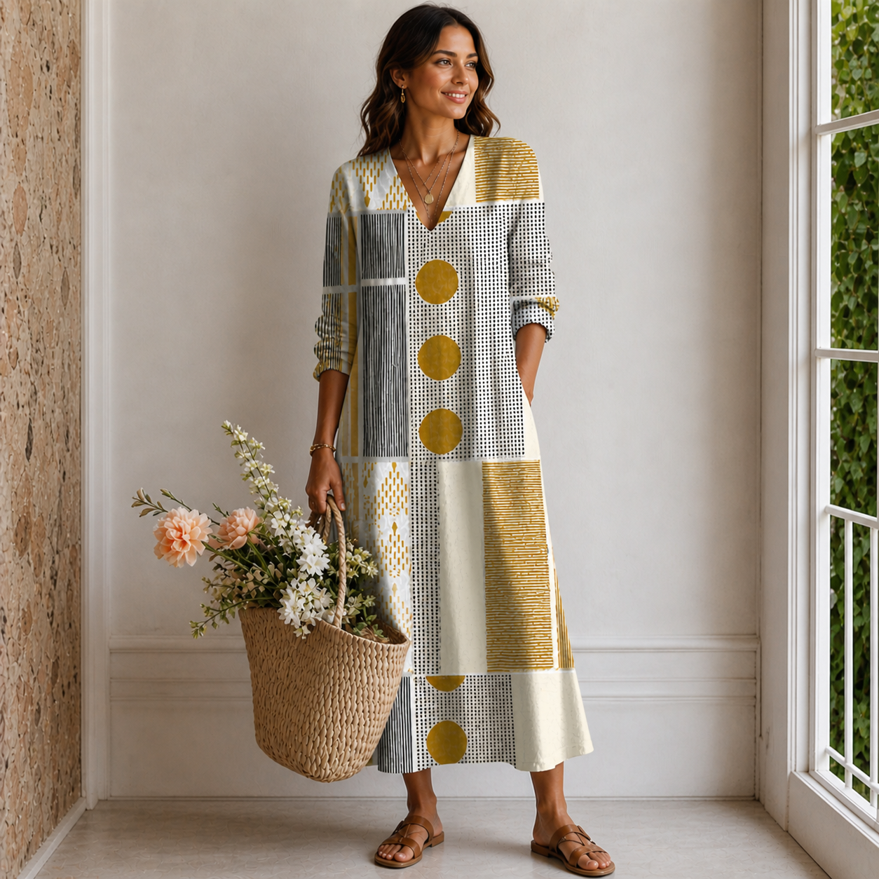 Women's Bohemian Abstract Print Midi Dress