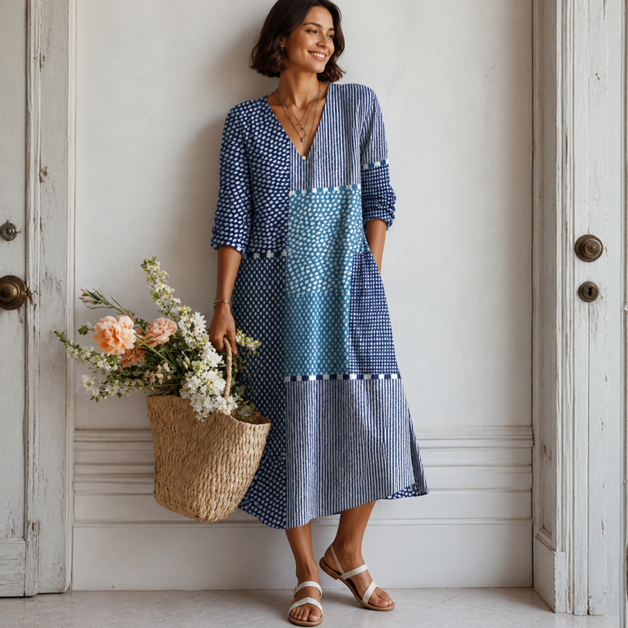 Women’s Patchwork Bohemian Midi Dress with V-Neck