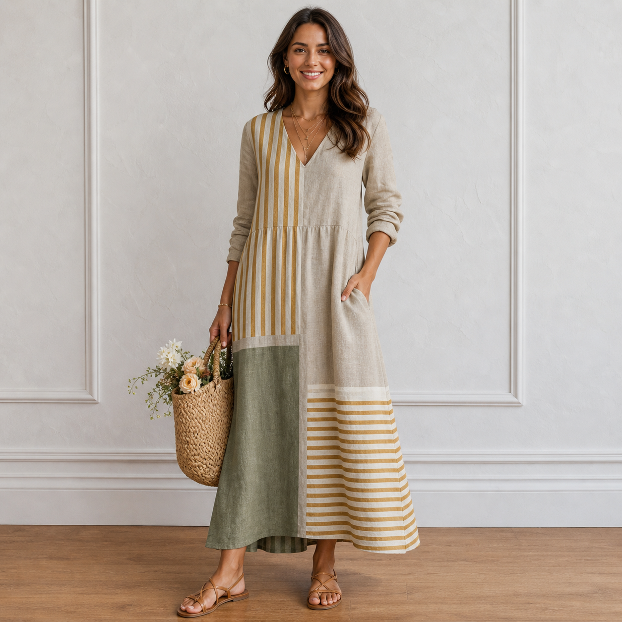 Women’s Patchwork Striped Loose Fit Maxi Dress with V-Neck