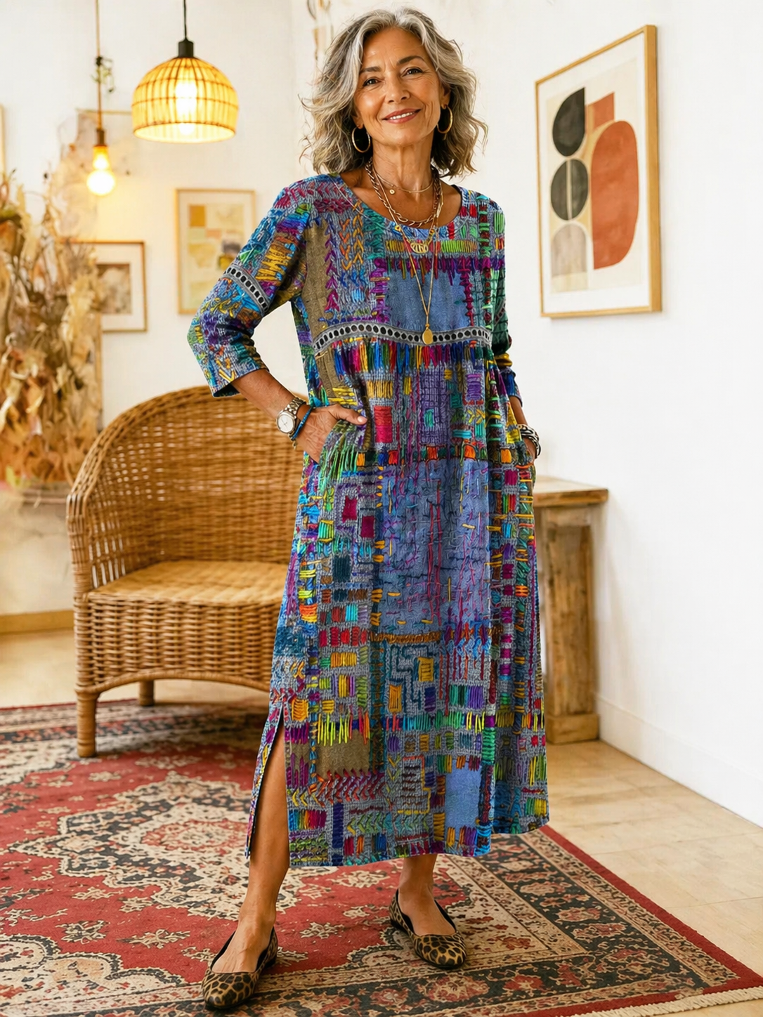 Women's Mosaic Print Side Slit Midi Dress